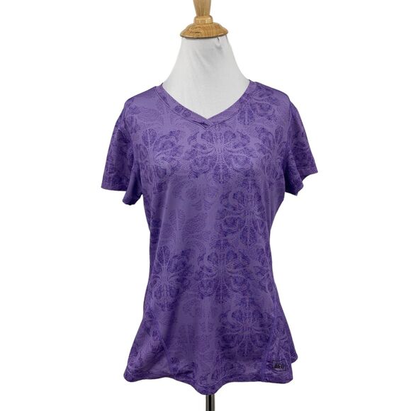 Rei Top Womens S Small Heliotrope V Neck Abstract Short Sleeve Stretch Outdoor - Picture 1 of 12